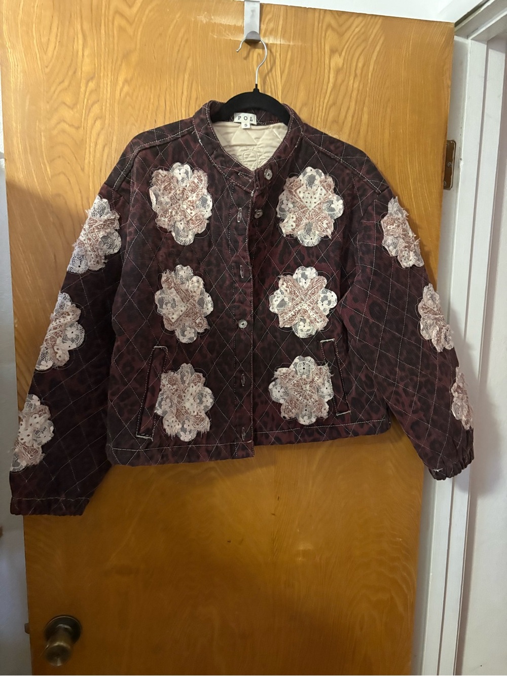 POL Quilted Floral oversized Patchwork Jacket - Burgundy S